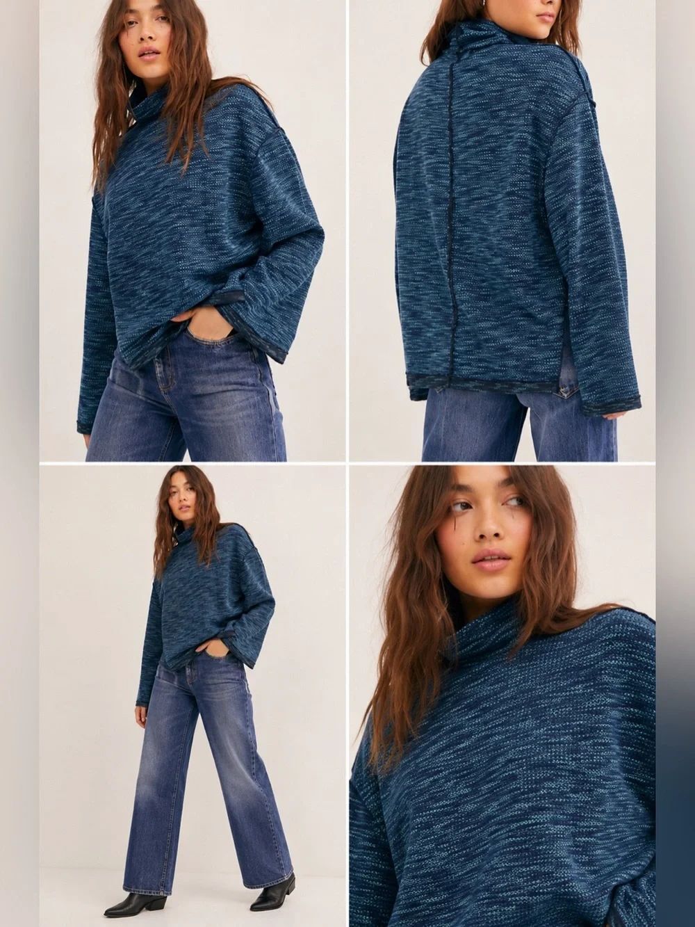 Free People We The Free Sunny Days Textured Knit Turtleneck Sweater Blue Small